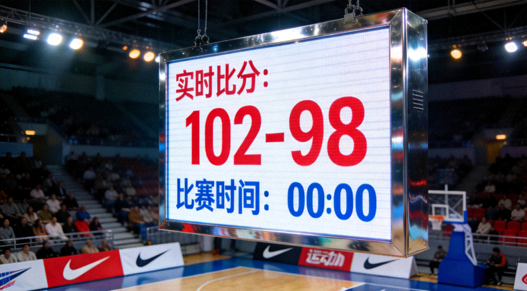 体育场馆内电子计分板显示实时比分与比赛时间